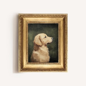 May include: A framed painting of a golden retriever dog with a green background. The dog is looking to the right of the frame. The frame is gold with ornate details.