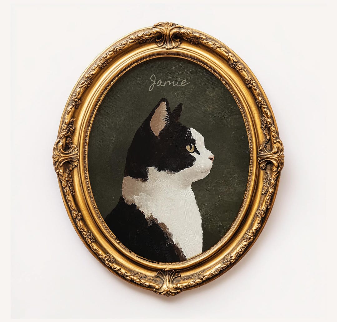 Personalized Artful Black White Cat Oil Painting Portrait Print, Custom ...