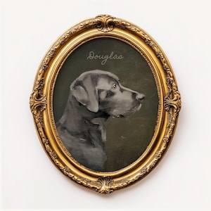 May include: An oval portrait of a black Labrador Retriever named Douglas, set within an ornate, gold-colored frame. The dog is painted in profile against a dark green background, with the name "Douglas" written above.