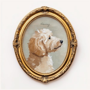 May include: An oval portrait of a dog named Henry, painted in shades of cream and brown, set within an ornate gold frame. The dog is depicted in profile against a muted green background, with the name "Henry" written above.