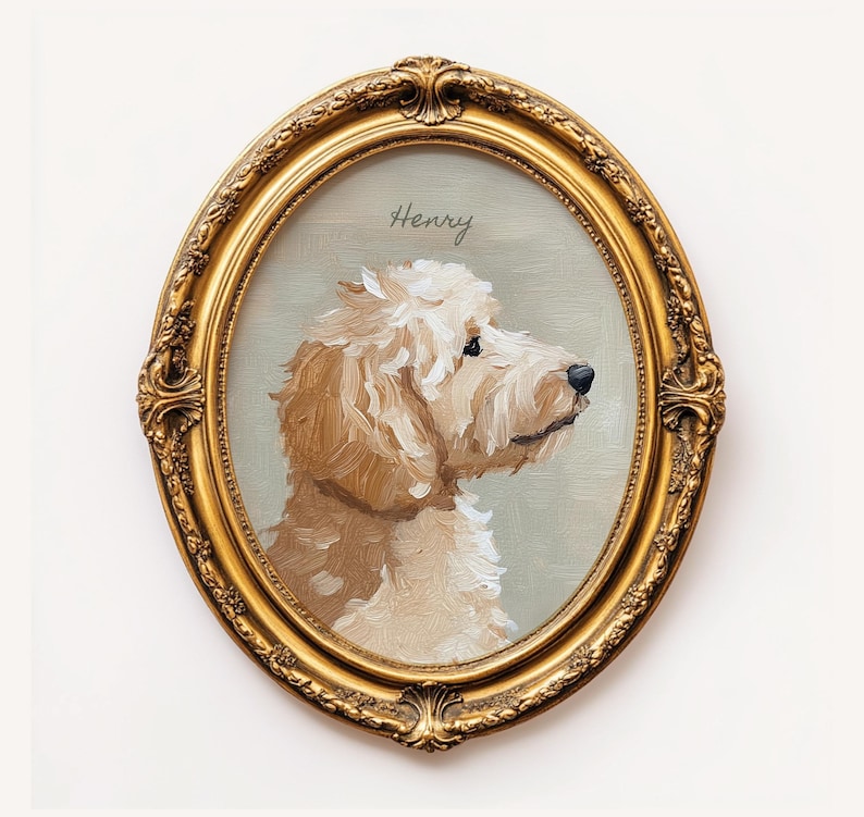 May include: An oval portrait of a dog named Henry, painted in shades of cream and brown, set within an ornate gold frame. The dog is depicted in profile against a muted green background, with the name "Henry" written above.