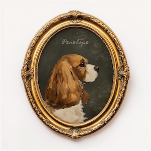 May include: An oval portrait of a dog named Penelope, set in an ornate gold frame. The dog has brown and white fur, with a dark green background. The name "Penelope" is written in cursive above the dog's head.