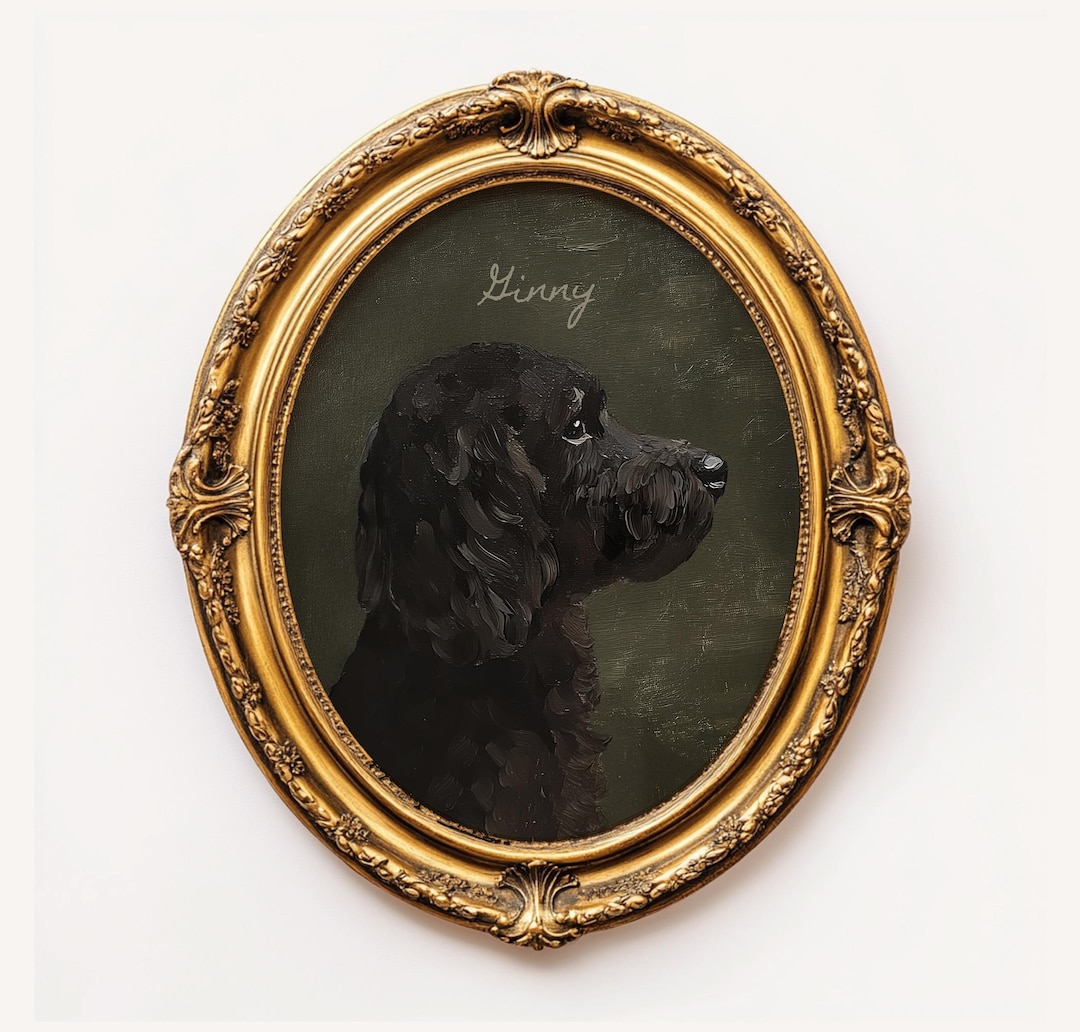 Custom Artful Black Doodle Oil Painting Portrait, Personal Vintage Dog Folk Art Print Moody Cottage Core, Gift for Doodle DogMom - 8″ x 10″ (Vertical)