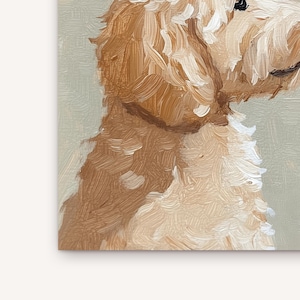 May include: A close-up painting of a dog's face, showcasing a light brown and cream-colored coat. The artwork features visible brushstrokes, creating a textured effect. The dog's eye and nose are visible, set against a light green background.