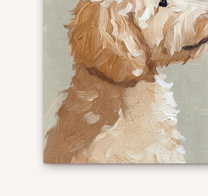 May include: A close-up painting of a dog's face, showcasing a light brown and cream-colored coat. The artwork features visible brushstrokes, creating a textured effect. The dog's eye and nose are visible, set against a light green background.