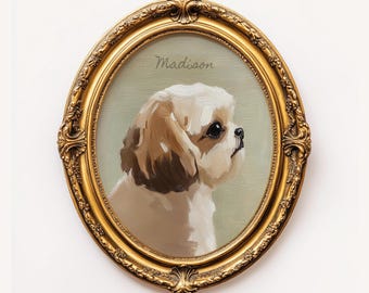 Personalized Artful Shih Tzu Oil Painting Portrait, Custom Vintage ShihTzu Dog Folk Art Print Moody Cottage Core, Gift for Pom DogMom