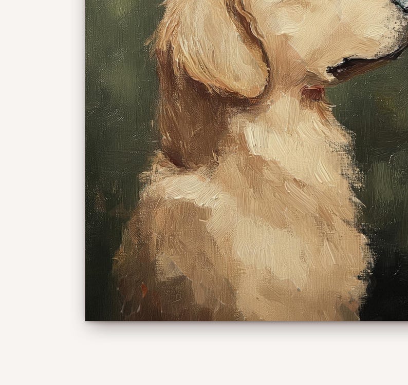 May include: A close-up of a golden retriever dog's head and neck, painted in a realistic style with visible brushstrokes. The dog's fur is a light brown color and the background is a dark green.