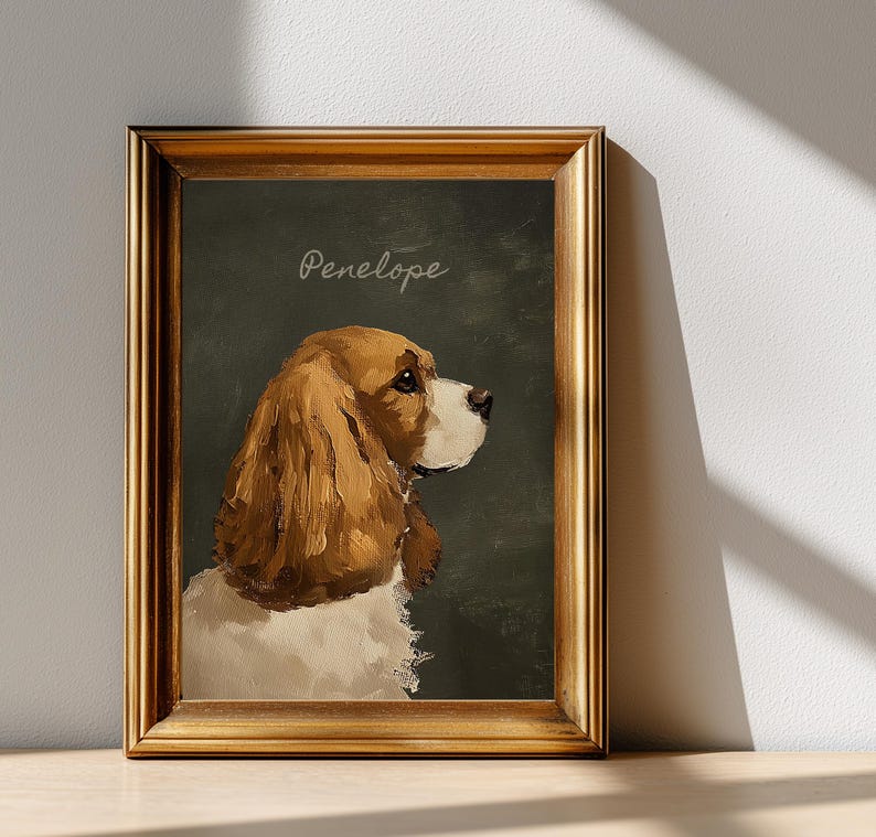 May include: A framed portrait of a dog, featuring a brown and white Cavalier King Charles Spaniel. The dog is painted in a classical style, with the name "Penelope" written above. The frame is gold-colored.