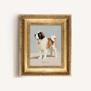 May include: A framed painting of a Saint Bernard dog. The dog is depicted in a standing pose, with a white and brown coat. The painting is set against a light blue background and is framed in a gold-coloured ornate frame. The dog's name, "Bruno", is written in cursive at the bottom.