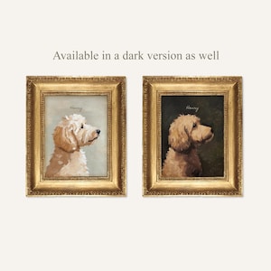 May include: Two framed dog portraits. One features a light-colored dog with the name "Henry" above it, set against a light blue background. The other is a darker version of the same dog portrait.