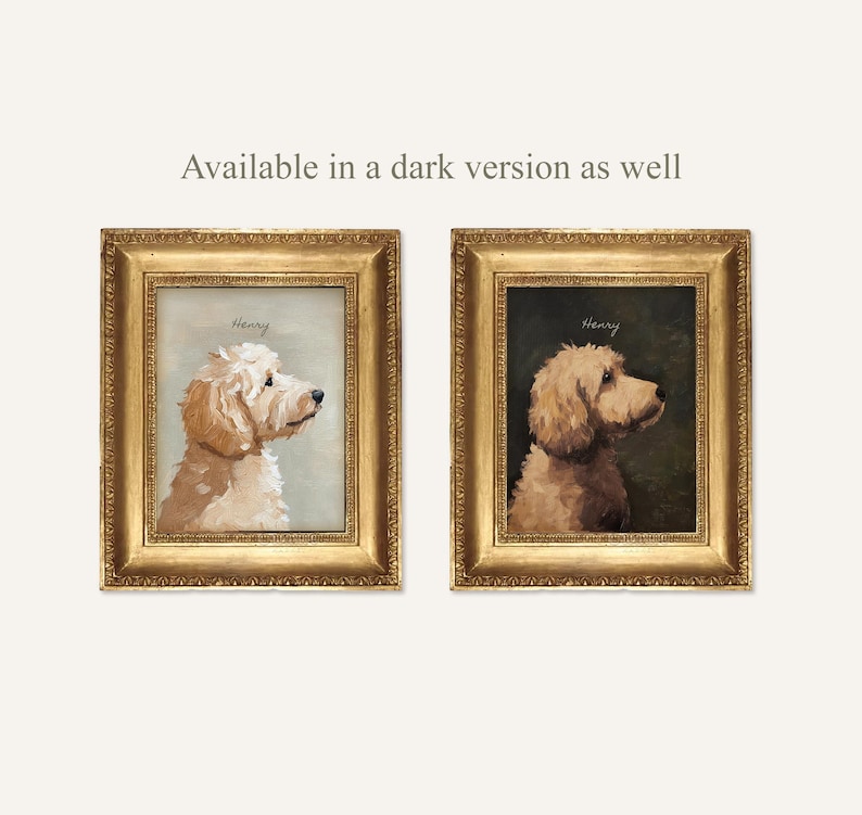 May include: Two framed dog portraits. One features a light-colored dog with the name "Henry" above it, set against a light blue background. The other is a darker version of the same dog portrait.