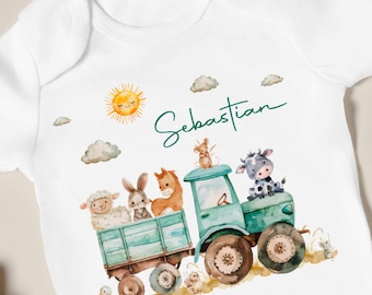 Green Tractor Farm Animals Custom Name Outfit, Baby Bodysuit Watercolor Farm Name, Watercolor Farm Baby Bodysuit, Cute Cow Bodysuit, Gift for Baby