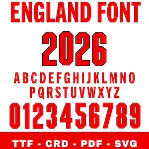 Może przedstawiać: Czerwony cyfrowy zestaw czcionek o nazwie "ENGLAND FONT", wyświetlający rok "2026", alfabet i cyfry 0-9. Czcionka jest pogrubiona i blokowa, na białym tle. Formaty plików są wymienione na dole.