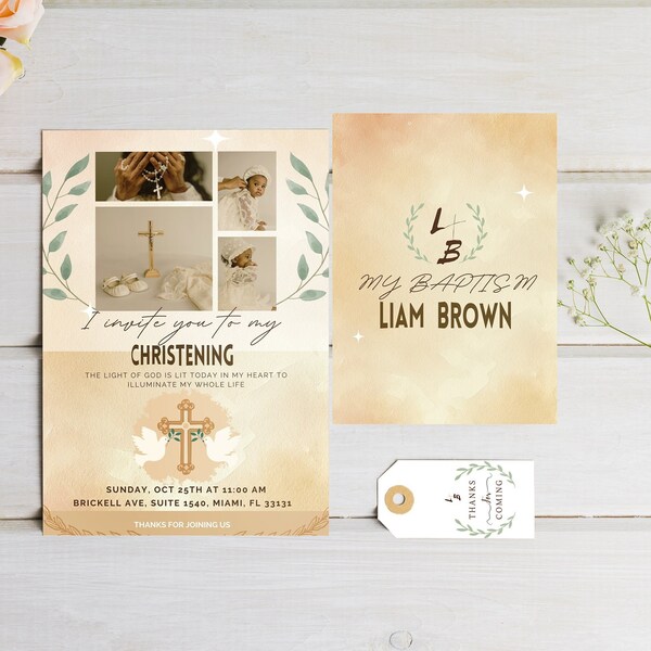 Invitation for Baptism Beige Tones, Design to Edit Baptism Card, I invite you to my Baptism, Baptism Party or First Communion, Custom Logo
