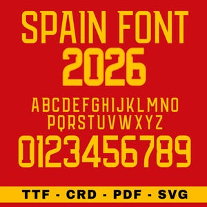 Può includere: Sfondo rosso con testo giallo «SPAIN FONT 2026». Sotto, le lettere dell'alfabeto e i numeri 0-9. In basso, le abbreviazioni dei tipi di file: TTF - CRD - PDF - SVG.
