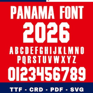 May include: A red background with white text that reads "PANAMA FONT 2026". Below the text are the letters of the alphabet and the numbers 0-9. The bottom of the image has the text "TTF - CRD - PDF - SVG".