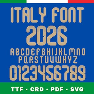 Op de afbeelding: Een digitaal lettertypeontwerp "ITALY FONT 2026" in een vetgedrukte, schreefloze stijl. Het lettertype bevat hoofdletters, cijfers en de tekst "TTF - CRD - PDF - SVG" onderaan, allemaal in een bruine kleur tegen een blauwe achtergrond.