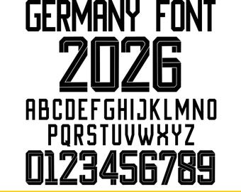 Schriftart für das deutsche Nationaltrikot 2026, Schriftart für Fußballnamen und -nummern, Sofort-Download (TTF, PDF, CDR), Schriftart für individuelles Trikotdesign