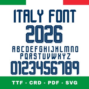 Pode incluir: Gráfico digital com o texto "ITALY FONT" em azul marinho, o ano "2026" e o alfabeto e os números 0-9. A imagem também inclui as abreviações de tipo de arquivo TTF, CRD, PDF e SVG.