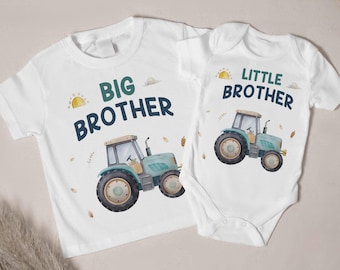 Vestito coordinato per fratello maggiore e fratello minore - Magliette per fratelli e sorelle a tema trattore, Vestiti coordinati a tema fattoria - Set regalo per fratello, Trattore per sorella maggiore