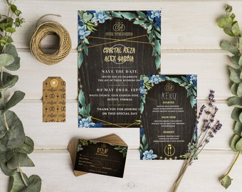 Gothic Wedding Editable Template, Black and Blue Vintage Wedding RSVP and Card, Vintage Gothic Marriage Card, Vintage Design Custom Logo