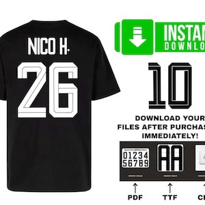 May include: Black t-shirt with the name "NICO H." and the number "26" in white. The image also includes the text "INSTANT DOWNLOAD" and "DOWNLOAD YOUR FILES AFTER PURCHASING IMMEDIATELY!" with file type icons.