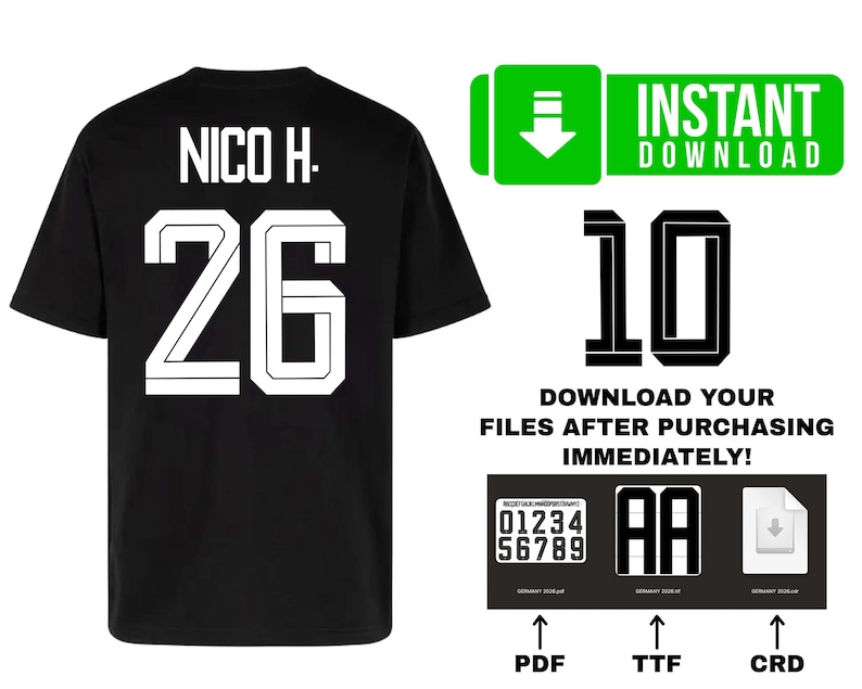 May include: Black t-shirt with the name "NICO H." and the number "26" in white. The image also includes the text "INSTANT DOWNLOAD" and "DOWNLOAD YOUR FILES AFTER PURCHASING IMMEDIATELY!" with file type icons.