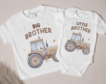 Vestito coordinato per fratello maggiore e fratello minore - Magliette con trattore per fratelli, Abiti coordinati a tema fattoria - Set regalo per fratello, Trattore per sorella maggiore