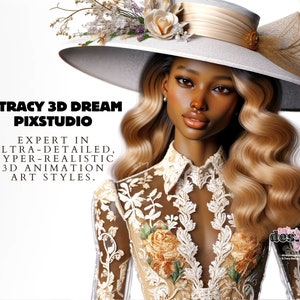 May include: A woman with long, wavy, light brown hair wears a white hat with a gold ribbon and floral embellishments. She is wearing a white lace dress with floral embroidery. The text "D. TRACY 3D DREAM PIXSTUDIO EXPERT IN ULTRA-DETAILED, HYPER-REALISTIC 3D ANIMATION ART STYLES." is visible in the image.