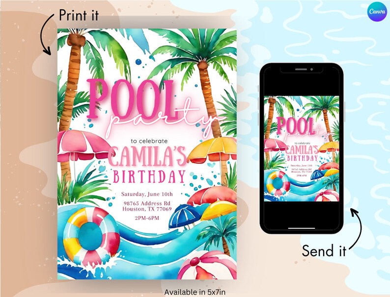 Editable Girl Pool Party Birthday Invitation Template for CANVA ...