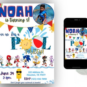 Sonic theme party invitation, Pool party invitation, Sonic pool party diy template, Canva editable invitation template digital download