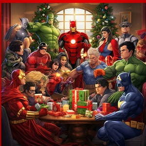 Vollständig bearbeitbare Weihnachtskartenvorlage mit einem Marvel und DC Comic-Thema.