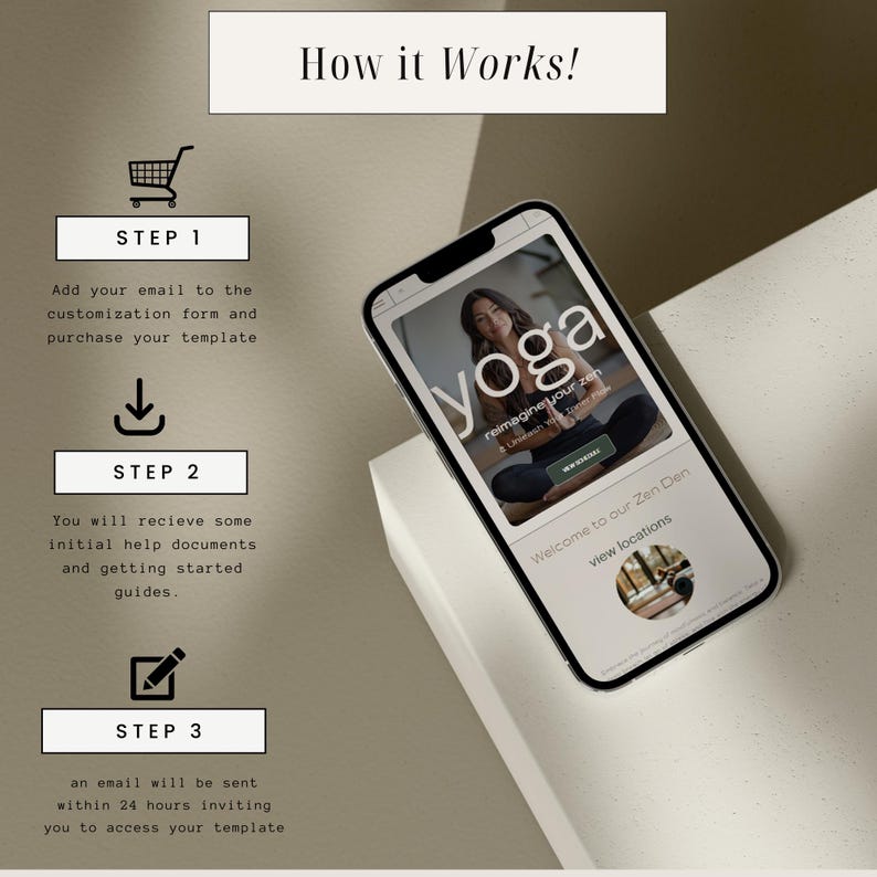 May include: A smartphone displaying a website for a yoga studio. The website features a photo of a woman practicing yoga and the text "yoga reimagine your zen". The website also includes a "Welcome to our Zen Den" message and a button to "view locations".