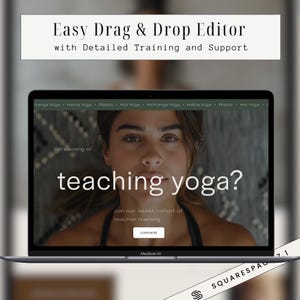 May include: A laptop computer screen displaying a website with the text "dreaming of... teaching yoga?" and a call to action to "join our latest cohort of teacher training". The website has a green background and a woman's face is visible in the background.