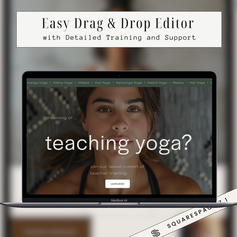 May include: A laptop computer screen displaying a website with the text "dreaming of... teaching yoga?" and a call to action to "join our latest cohort of teacher training". The website has a green background and a woman's face is visible in the background.