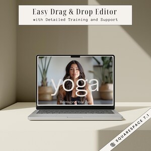 May include: A laptop computer displaying a website with the word "yoga" in large white letters and the text "Reimagine Your Zen" below. The website features a woman sitting in a yoga pose.