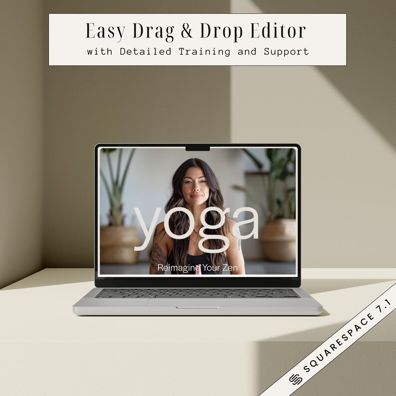 May include: A laptop computer displaying a website with the word "yoga" in large white letters and the text "Reimagine Your Zen" below. The website features a woman sitting in a yoga pose.