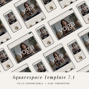 May include: A collage of mockups showing a website template for a yoga studio. The template features a video of a woman practicing yoga and the text "yoga reimagine your zen".