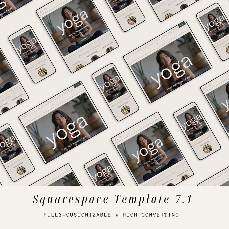 May include: A collage of mockups showing a website template for a yoga studio. The template features a video of a woman practicing yoga and the text "yoga reimagine your zen".