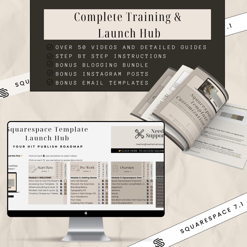 May include: A computer screen displaying a Squarespace template launch hub roadmap with modules for welcome, pre-work, overview, and more. The screen is titled "Squarespace Template Launch Hub: Your Hit Publish Roadmap".
