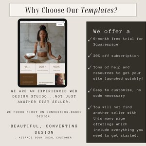 May include: A graphic with a white background and black text that reads "Why Choose Our Templates?" and lists the benefits of using the templates. The graphic also includes a screenshot of a website template with a woman meditating in the background. The text on the website template reads "15+ Zen Den Instructors, 300+ Complimentary Inspirations, 100% Authentic Focus".