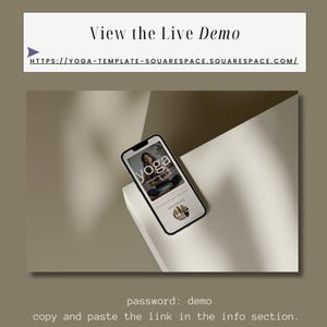 May include: A smartphone displaying a website for a yoga studio. The website features a photo of a woman in a yoga pose and the text "yoga" in a large font. The text "password: demo" is displayed below the image.