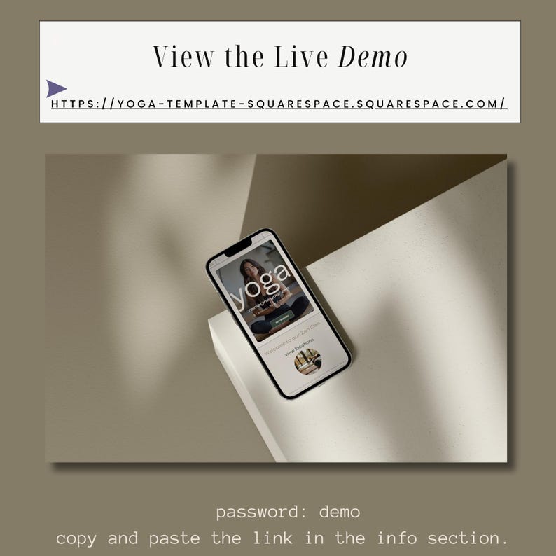 May include: A smartphone displaying a website for a yoga studio. The website features a photo of a woman in a yoga pose and the text "yoga" in a large font. The text "password: demo" is displayed below the image.