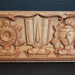 Vaishnava Symbols 5&quot;x14&quot; Wood Carving / Home Decor / Wooden Wall Panel / Thiruman/ Hindu Temple / Shanka / Chakra / Garuda / Hanuman