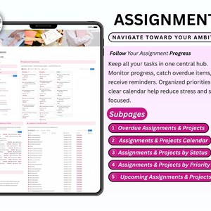 Pode incluir: Um tablet digital exibe uma interface de aplicativo de produtividade com o t&iacute;tulo "ASSIGNMENTS". A tela mostra um sistema de gerenciamento de tarefas com detalhes em rosa, listas e subp&aacute;ginas para organiza&ccedil;&atilde;o.