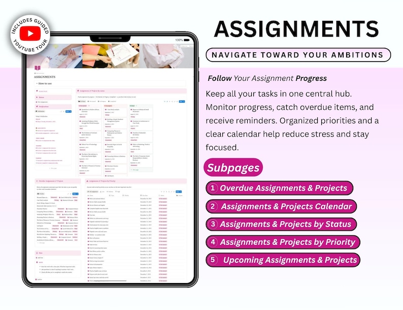 Pode incluir: Um tablet digital exibe uma interface de aplicativo de produtividade com o t&iacute;tulo "ASSIGNMENTS". A tela mostra um sistema de gerenciamento de tarefas com detalhes em rosa, listas e subp&aacute;ginas para organiza&ccedil;&atilde;o.