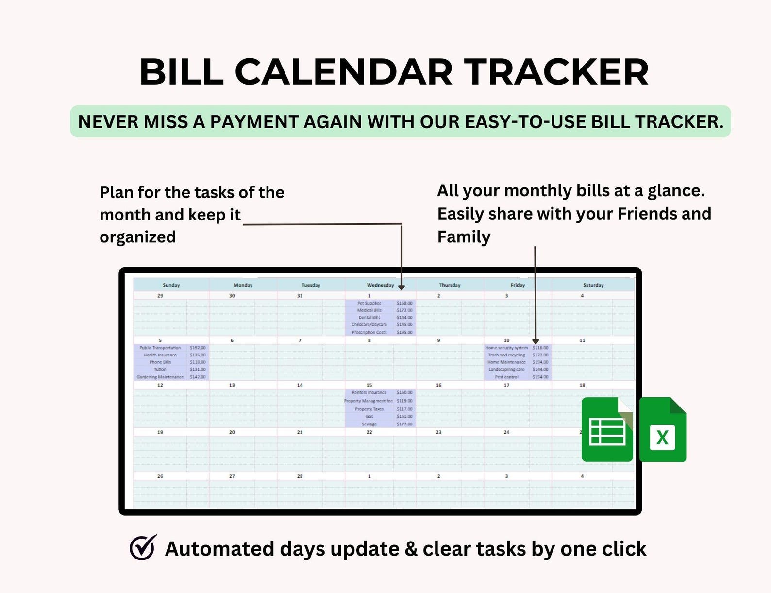 PLR Bill Calendar Monthly Bill Tracker Spreadsheet Google Sheets Excel ...