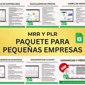 May include: A graphic with the text "MRR Y PLR PAQUETE PARA PEQUEÑAS EMPRESAS". The image includes sections for accounting, price calculation, sales pipeline, inventory tracking, customer tracking, and profit and loss. The image also includes a bonus section.