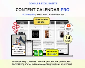 PLR Content Calendar Spreadsheet Social Media Planner Virtual Assistant Social Media Manager Digital Product Digital Download