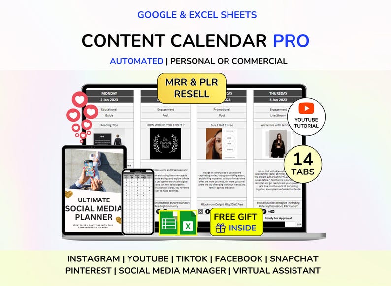 PLR Content Calendar Spreadsheet Social Media Planner Virtual Assistant Social Media Manager PLR Google Sheets PLR Spreadsheet Mrr